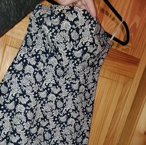 Blue and white patterned strappless dress